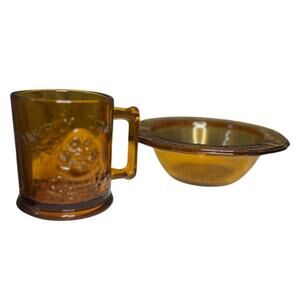 Vintage Lot of 2 Amber Glass Humpty Dumpty Mug & Mother Goose Bowl